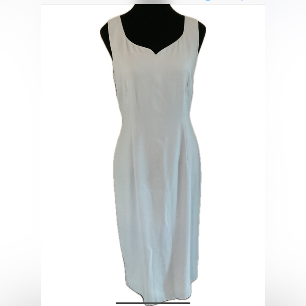 Petite Sophisticate Ice Blue Midi Dress with Sweetheart Neckline .
